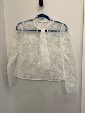ASOS White Sheer Floral Tie-Neck Blouse